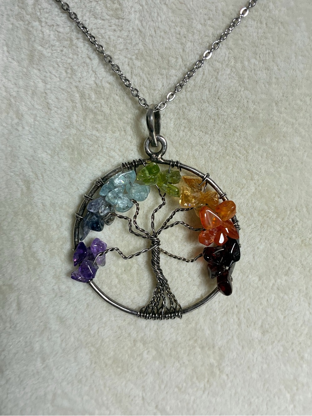Handcrafted Silver Tree of Life Pendant with Multicolor Gem Chips